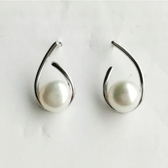Cultured white pearl stud earrings in modern Sterling Silver setting - Picture 6 of 6